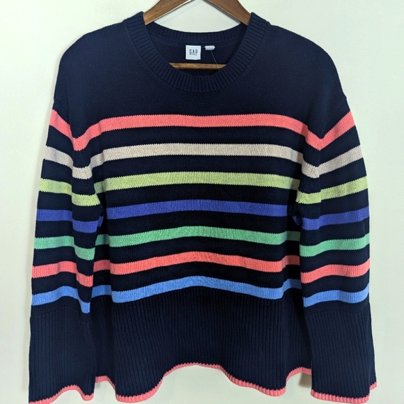 Gap Navy Blue & Stripe Cotton 24/7 Split Hem Oversized Pullover Sweater NEW! - Picture 10 of 10